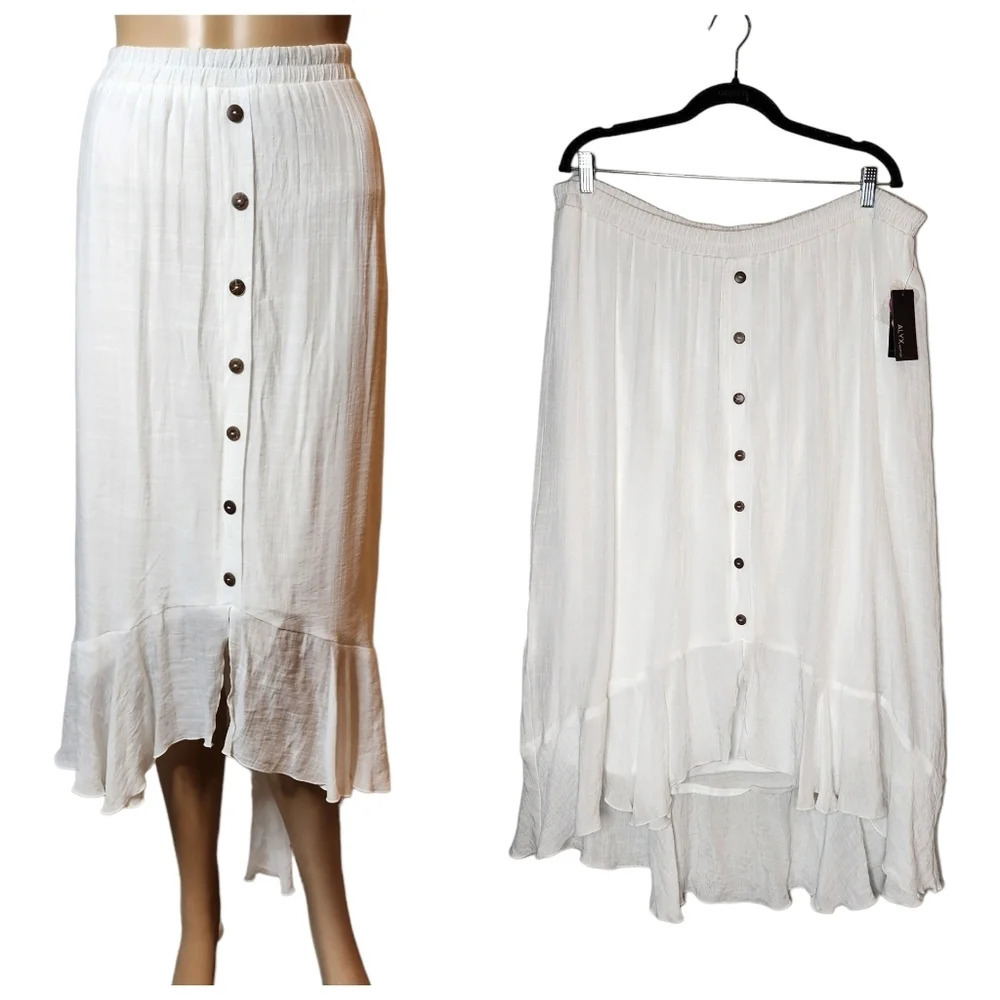 NWT ALYX white hi-low midi ruffle hem skirt. Stretch waist. Women's plus size 3X